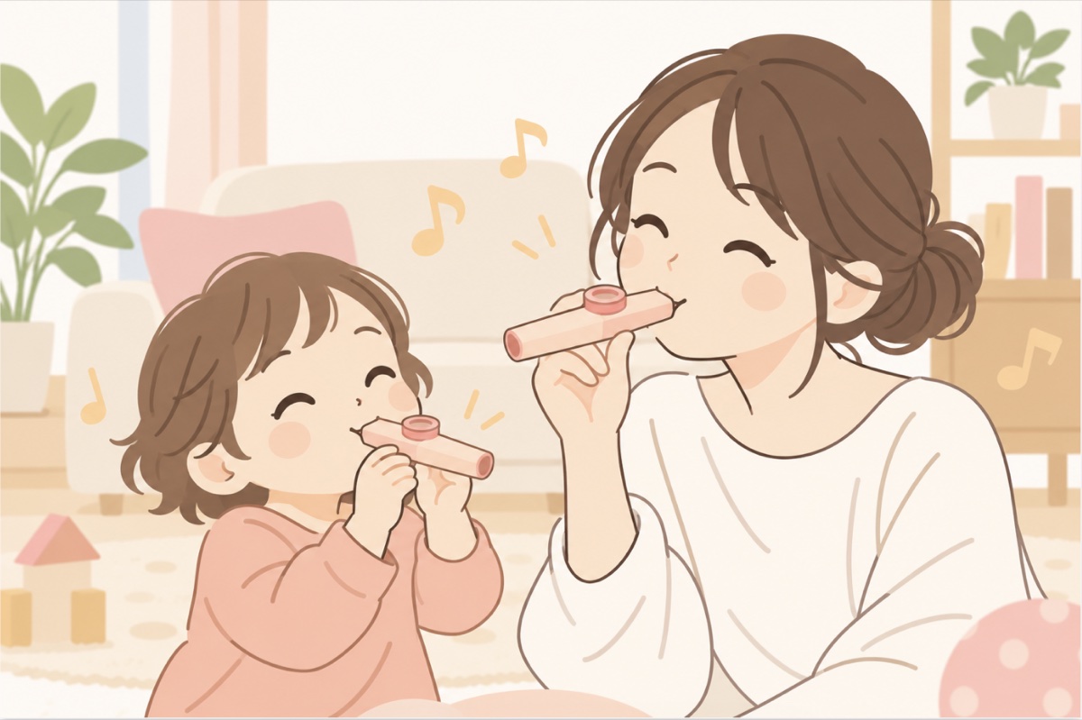 おうちで親子がカズーを鳴らして遊んでいるイラスト